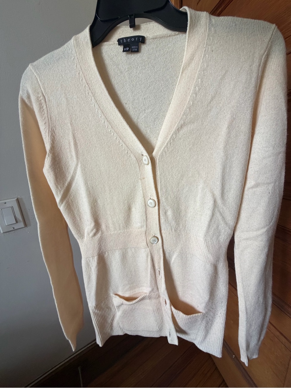 Theory Cream V-Neck Button Front Cardigan